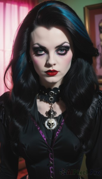 1girl,solo,long hair,breasts,looking at viewer,blush,blue eyes,black hair,dress,jewelry,medium breasts,upper body,multicolored hair,earrings,choker,indoors,necklace,blurry,black dress,covered nipples,lips,eyelashes,makeup,blurry background,lipstick,pale skin,forehead,eyeshadow,curly hair,skull,realistic,nose,gothic lolita,red lips,eyeliner,mascara,gothic,black lips,shirt,green eyes,blue hair,artist name,streaked hair,watermark,wavy hair,black choker,web address,skull necklace