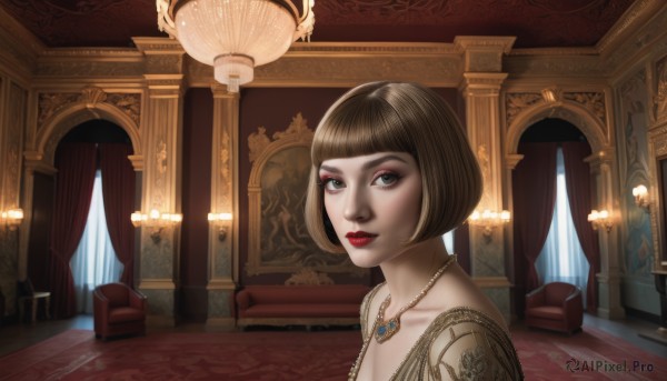 1girl,solo,looking at viewer,short hair,bangs,brown hair,dress,jewelry,collarbone,upper body,indoors,signature,blunt bangs,necklace,lips,grey eyes,eyelashes,makeup,bob cut,lipstick,curtains,eyeshadow,red lips,eyeliner,mascara,carpet,chandelier,breasts,cleavage,brown eyes,closed mouth,portrait,realistic,nose,lamp,gold,rug