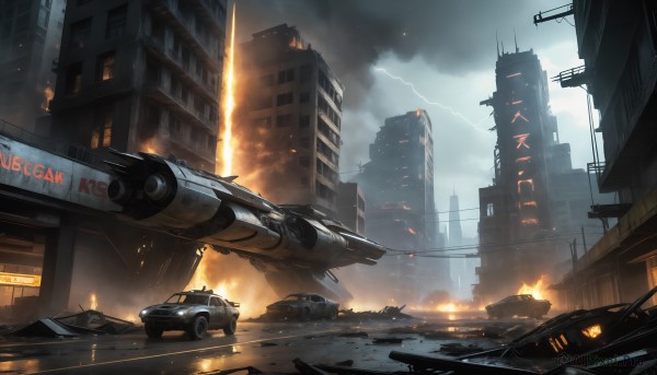 HQ,outdoors,sky,day,cloud,signature,military,no humans,cloudy sky,fire,ground vehicle,building,scenery,motor vehicle,smoke,science fiction,city,realistic,aircraft,military vehicle,electricity,car,airplane,road,explosion,ruins,vehicle focus,street,firing,skyscraper,lightning,debris,jet,burning,destruction,sparks