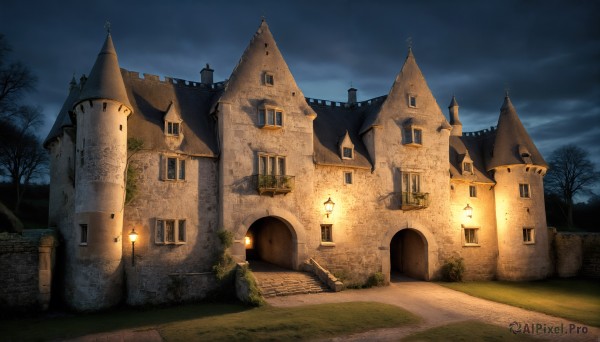 HQ,outdoors,sky,cloud,tree,no humans,window,night,cloudy sky,grass,building,night sky,scenery,lantern,road,house,lamppost,bare tree,tower,path,church,plant,stairs,fantasy,door,light,castle,arch