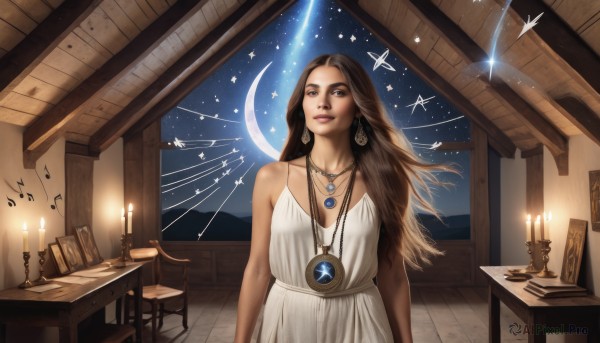 1girl,solo,long hair,looking at viewer,brown hair,dress,bare shoulders,brown eyes,jewelry,earrings,sky,sleeveless,indoors,dark skin,necklace,star (symbol),white dress,dark-skinned female,lips,book,night,sleeveless dress,moon,table,musical note,star (sky),night sky,pendant,starry sky,wooden floor,realistic,arms at sides,candle,crescent moon,shooting star,constellation