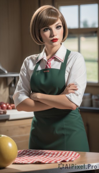 1girl,solo,looking at viewer,short hair,bangs,brown hair,shirt,brown eyes,standing,white shirt,food,necktie,collared shirt,indoors,blurry,apron,lips,window,makeup,fruit,depth of field,blurry background,swept bangs,crossed arms,lipstick,sleeves rolled up,realistic,nose,apple,red lips,kitchen,sleeves pushed up,employee uniform,green apron,uniform