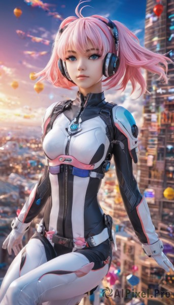 1girl,solo,breasts,looking at viewer,short hair,bangs,blue eyes,gloves,twintails,medium breasts,closed mouth,pink hair,ahoge,small breasts,outdoors,sky,artist name,cloud,white gloves,medium hair,blurry,lips,bodysuit,depth of field,blurry background,headphones,antenna hair,building,skin tight,zipper,headset,science fiction,city,nose,cityscape,balloon,white bodysuit,belt,sunset