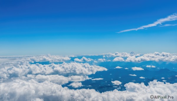 monochrome,outdoors,sky,day,cloud,blue sky,no humans,ocean,cloudy sky,nature,scenery,blue theme,mountain,horizon,landscape,above clouds