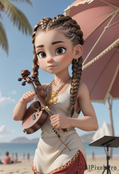 1girl,long hair,breasts,looking at viewer,blush,brown hair,dress,holding,bare shoulders,brown eyes,jewelry,closed mouth,collarbone,braid,cowboy shot,earrings,small breasts,outdoors,sky,sleeveless,solo focus,day,necklace,blurry,twin braids,tree,blue sky,lips,bare arms,depth of field,blurry background,ocean,umbrella,chair,beach,instrument,child,forehead,nose,sand,palm tree,music,female child,playing instrument,holding instrument,beach umbrella,violin,solo,white dress,apron,piercing,thick eyebrows,side slit,multiple others