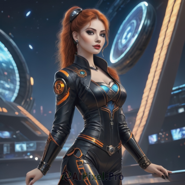 1girl,solo,long hair,breasts,looking at viewer,brown hair,hair ornament,cleavage,brown eyes,jewelry,medium breasts,standing,ponytail,cowboy shot,earrings,belt,necklace,nail polish,orange hair,blurry,lips,bodysuit,makeup,night,blurry background,lipstick,black nails,zipper,science fiction,realistic,black bodysuit,red lips,red hair,curly hair,leather