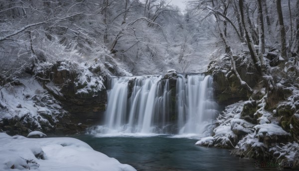 A waterfall caught in a vivid snowy outdoors