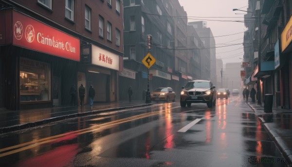 outdoors,multiple boys,sky,day,window,ground vehicle,building,scenery,motor vehicle,reflection,rain,6+boys,city,sign,car,road,police,power lines,lamppost,street,utility pole,road sign,puddle,traffic light,truck,people,crosswalk,real world location,sidewalk,traffic cone,1girl,short hair,multiple girls,skirt,black hair,1boy,2girls,standing,jacket,pants,cloud,bag,night,umbrella,cloudy sky,walking,cityscape,shop,neon lights,vanishing point