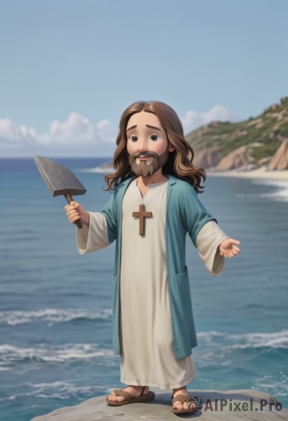 solo,long hair,looking at viewer,smile,open mouth,blue eyes,brown hair,long sleeves,1boy,dress,holding,brown eyes,standing,full body,male focus,outdoors,sky,day,cloud,wide sleeves,water,necklace,white dress,blurry,blue sky,blurry background,facial hair,ocean,beach,sandals,cross,knife,child,beard,robe,female child,holding knife,male child,1girl,collarbone,flat chest,toes,sand