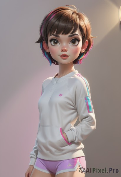 1girl,solo,breasts,looking at viewer,blush,smile,short hair,bangs,brown hair,long sleeves,brown eyes,standing,multicolored hair,cowboy shot,earrings,small breasts,parted lips,shorts,artist name,hood,sweater,lips,short shorts,hoodie,thick eyebrows,hood down,freckles,arm at side,brown background,hand in pocket,drawstring,light,white sweater,dolphin shorts,pink shorts,jewelry,makeup,nose