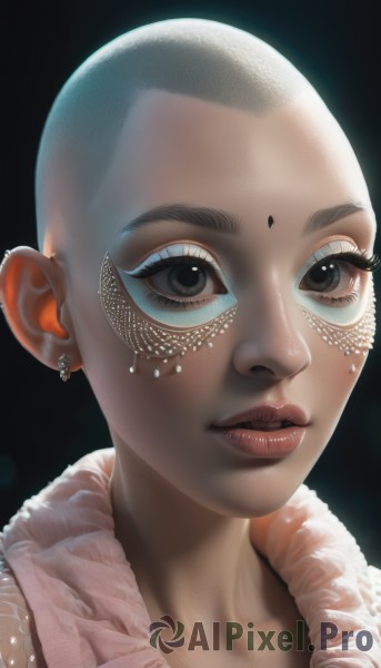 1girl,solo,looking at viewer,short hair,simple background,jewelry,earrings,parted lips,dark skin,black eyes,dark-skinned female,lips,eyelashes,makeup,facial mark,piercing,black background,portrait,close-up,eyeshadow,realistic,nose,eyeliner,bald,very short hair,teeth,forehead,forehead mark