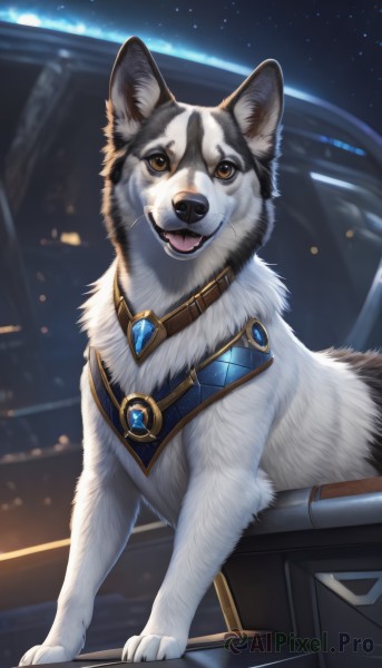 solo,looking at viewer,smile,open mouth,brown eyes,jewelry,sky,tongue,tongue out,no humans,night,animal,fangs,brooch,gem,star (sky),night sky,starry sky,dog,animal focus,blue gemstone,signature,necklace,blurry,collar,realistic,space