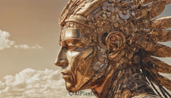 solo,1boy,upper body,male focus,outdoors,parted lips,sky,day,cloud,signature,from side,no humans,profile,helmet,cloudy sky,robot,portrait,mecha,machinery,science fiction,realistic,cable,gears,steampunk,machine,monochrome,closed eyes,wings,armor,lips,1other,android,sepia,looking ahead,mechanical wings,brown theme,orange theme,mechanical parts