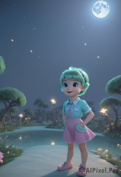 1girl,solo,blush,smile,short hair,open mouth,bangs,skirt,shirt,brown eyes,standing,jacket,full body,flower,short sleeves,:d,hairband,outdoors,green hair,sky,shoes,teeth,socks,collared shirt,signature,water,star (symbol),tree,aqua hair,night,upper teeth only,moon,grass,blue shirt,blue jacket,sneakers,child,star (sky),night sky,full moon,pink skirt,starry sky,pocket,hands in pockets,pink footwear,female child,breast pocket,lamppost,glowing,bug,butterfly,reflection