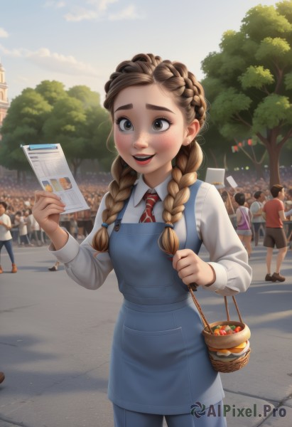 1girl,long hair,blush,smile,open mouth,brown hair,shirt,long sleeves,dress,holding,brown eyes,white shirt,braid,:d,cowboy shot,outdoors,multiple boys,necktie,sky,shorts,teeth,solo focus,day,collared shirt,pants,artist name,bag,twin braids,tree,lips,blue dress,happy,thick eyebrows,denim,red necktie,child,hair over shoulder,freckles,paper,blue pants,basket,pinafore dress,road,overalls,street,holding basket,multiple girls,food,fruit,apple,cherry,clipboard,people