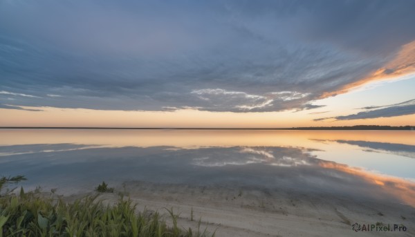 outdoors,sky,day,cloud,water,blue sky,no humans,cloudy sky,grass,plant,nature,scenery,reflection,sunset,horizon,evening,landscape,gradient sky,ocean,mountain,mountainous horizon,lake,shore,sunrise