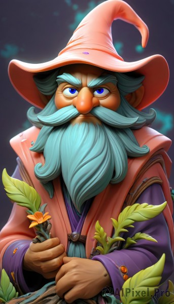 solo,looking at viewer,blue eyes,gloves,long sleeves,1boy,hat,holding,blue hair,upper body,flower,male focus,witch hat,facial hair,leaf,thick eyebrows,beard,brown gloves,robe,mustache,wizard hat,wizard,white hair,grey hair,plant,holding flower,old,old man