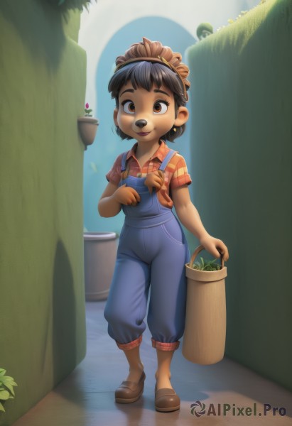 1girl,solo,smile,short hair,shirt,black hair,holding,brown eyes,standing,full body,short sleeves,outdoors,shoes,dark skin,dark-skinned female,plaid,child,basket,female child,potted plant,overalls,male child,plaid shirt,looking at viewer,open mouth,bangs,brown hair,day,collared shirt,brown footwear,plant,red shirt,freckles,bucket,blue overalls