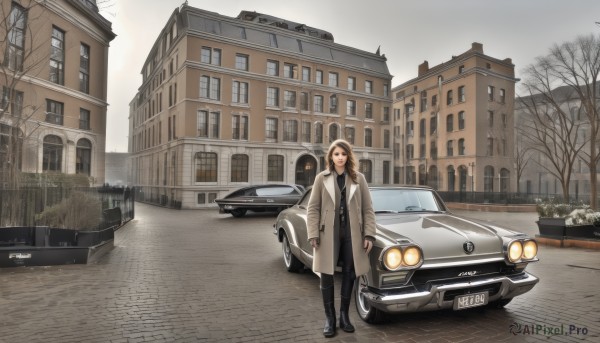 1girl,solo,long hair,looking at viewer,smile,open mouth,brown hair,long sleeves,brown eyes,standing,jacket,boots,outdoors,open clothes,pants,black footwear,sweater,tree,coat,window,black pants,ground vehicle,building,motor vehicle,open coat,car,road,house,vehicle focus,brown coat,street,sports car,bangs,holding,closed mouth,sky,shoes,bag,scarf,scenery,snow,white coat,wide shot,winter,lamppost,bare tree,trench coat,grey coat,grey sky,real world location