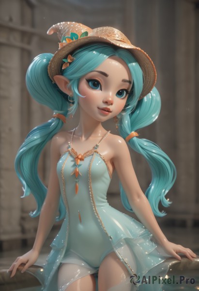 1girl,solo,long hair,breasts,looking at viewer,smile,blue eyes,hair ornament,hat,dress,bare shoulders,twintails,jewelry,blue hair,collarbone,swimsuit,cowboy shot,earrings,small breasts,pointy ears,shiny,artist name,water,necklace,blurry,aqua eyes,lips,see-through,one-piece swimsuit,strapless,aqua hair,covered navel,depth of field,blurry background,nose,blush,standing,parted lips,witch hat,blue dress,wading,aqua dress