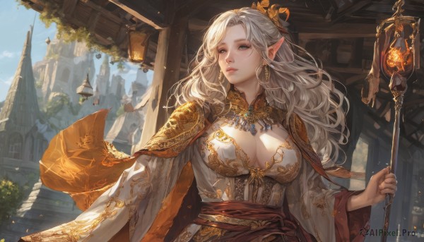 1girl,long hair,breasts,blue eyes,large breasts,hair ornament,long sleeves,dress,holding,cleavage,jewelry,upper body,white hair,earrings,outdoors,parted lips,sky,solo focus,day,pointy ears,wide sleeves,cape,white dress,armor,lips,looking to the side,grey eyes,sash,clothing cutout,looking away,cleavage cutout,staff,elf,shoulder armor,building,lantern,stairs,fantasy,holding staff,solo,looking at viewer,bangs,medium breasts,standing,grey hair,artist name,cloud,signature,necklace,blue sky,fingernails,parted bangs,wavy hair,wind,gem,gold trim,realistic,nose,wand,architecture,castle