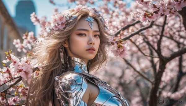 1girl, solo, long hair, looking at viewer, blue eyes, blonde hair, hair ornament, jewelry, upper body, flower, earrings, outdoors, day, looking back, hair flower, blurry, tree, lips, blurry background, cherry blossoms, realistic, nose, branch