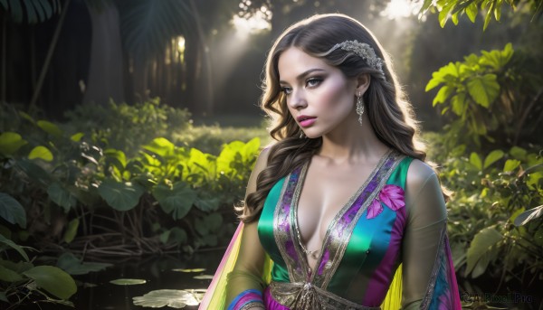 HQ,1girl,solo,long hair,breasts,blue eyes,brown hair,black hair,hair ornament,dress,cleavage,jewelry,medium breasts,collarbone,upper body,braid,earrings,outdoors,water,black eyes,lips,single braid,makeup,leaf,watermark,sunlight,plant,lipstick,nature,breasts apart,forest,light rays,realistic,nose,center opening,looking at viewer,flower,day,signature,cape,tree,see-through,green dress,sunbeam,lily pad