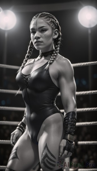 1girl,solo,long hair,breasts,looking at viewer,large breasts,thighhighs,gloves,cleavage,jewelry,medium breasts,standing,monochrome,braid,greyscale,thighs,cowboy shot,choker,fingerless gloves,necklace,blurry,twin braids,collar,leotard,lips,covered navel,tattoo,muscular,blurry background,scar,thick thighs,highleg leotard,realistic,nose,muscular female,stitches,stage lights,wrestling ring,studded bracelet,bare shoulders,twintails,collarbone,earrings,artist name,mole,bracelet,watermark,piercing,ear piercing,forehead,o-ring,clenched hands,freckles,toned,patreon username,arm tattoo,shoulder tattoo,facial tattoo,leg tattoo,bodypaint,wrestling outfit,multiple earrings,neck tattoo,nose piercing,o-ring choker,eyebrow piercing,multiple piercings