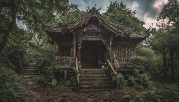 outdoors,sky,day,cloud,tree,no humans,cloudy sky,grass,plant,building,box,rope,nature,scenery,forest,stairs,bush,shimenawa,architecture,east asian architecture,statue,shrine,donation box,stone lantern,hakurei shrine,stone stairs,sunlight,rock,stone