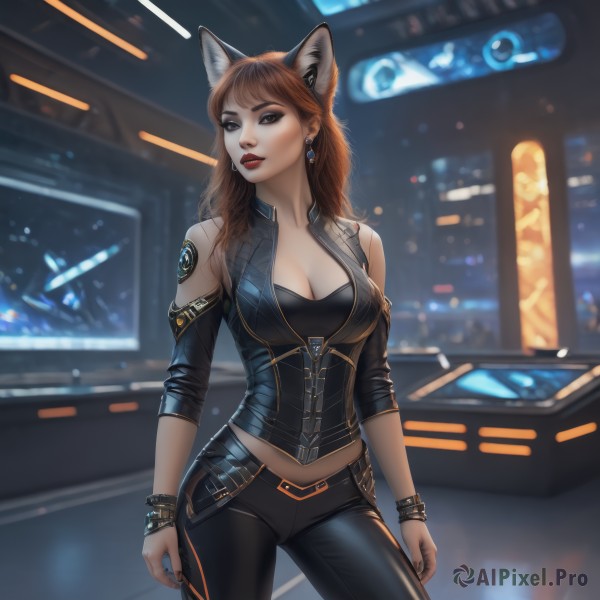 1girl,solo,long hair,breasts,looking at viewer,bangs,large breasts,brown hair,animal ears,cleavage,bare shoulders,brown eyes,jewelry,medium breasts,standing,cowboy shot,earrings,parted lips,detached sleeves,midriff,belt,pants,cat ears,blurry,bracelet,lips,fox ears,clothing cutout,tattoo,makeup,blurry background,black pants,lipstick,black nails,eyeshadow,contrapposto,arms at sides,red lips,eyeliner,leather,bustier,leather pants,shirt,nail polish,fox girl,corset,science fiction,realistic,tight pants