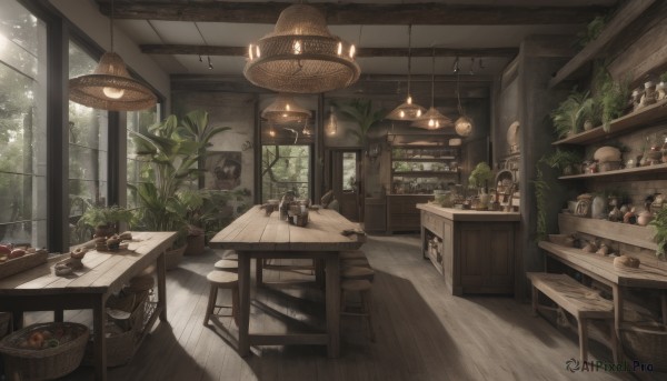 food,indoors,tree,cup,book,no humans,window,fruit,chair,table,bottle,plant,box,scenery,plate,drinking glass,rain,bowl,wooden floor,basket,potted plant,lamp,stool,shelf,jar,ceiling,ceiling light,wooden table,day,sunlight,light,kitchen,counter,wooden chair