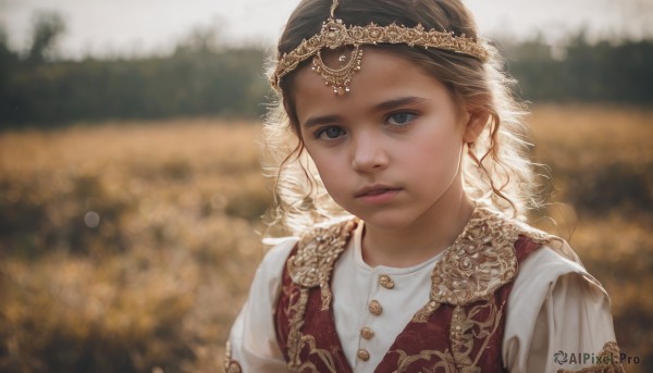 1girl,solo,long hair,looking at viewer,blue eyes,blonde hair,brown hair,shirt,jewelry,white shirt,upper body,earrings,outdoors,parted lips,day,blurry,vest,lips,grey eyes,depth of field,blurry background,tiara,portrait,freckles,curly hair,realistic,black hair,braid,eyelashes,makeup,gem,bokeh