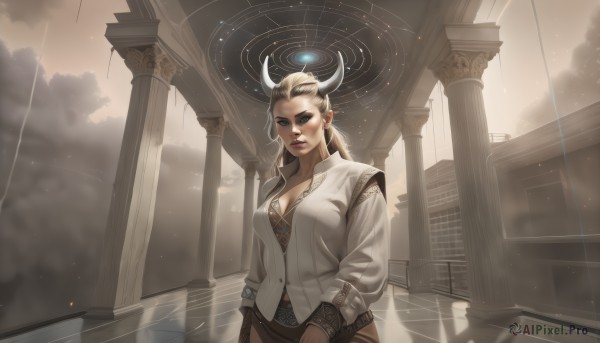 1girl,solo,long hair,breasts,looking at viewer,blue eyes,blonde hair,shirt,gloves,long sleeves,cleavage,jewelry,medium breasts,standing,white shirt,ponytail,earrings,parted lips,horns,sky,pointy ears,collared shirt,belt,cloud,lips,makeup,piercing,lipstick,brown gloves,eyeshadow,reflection,nose,red lips,pillar,fog,arch,column,large breasts,brown hair,hair ornament,underwear,multicolored hair,cowboy shot,bra,mole,two-tone hair,sunlight,thick eyebrows,cloudy sky,black bra,building,light rays,realistic,arms at sides,eyeliner