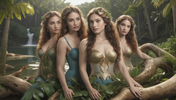 long hair,breasts,looking at viewer,blue eyes,multiple girls,large breasts,brown hair,hair ornament,dress,cleavage,bare shoulders,brown eyes,jewelry,medium breasts,sitting,closed mouth,collarbone,flower,outdoors,parted lips,sleeveless,day,hair flower,water,tree,lips,bare arms,strapless,4girls,blue dress,animal,leaf,wavy hair,plant,monster girl,nature,strapless dress,forest,curly hair,green dress,realistic,nose,branch,head wreath,vines,braid,earrings,teeth,artist name,sunlight,fantasy,spaghetti strap,mermaid,lake,ivy