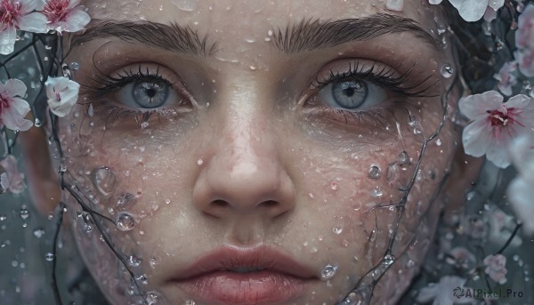 solo, looking at viewer, blue eyes, brown hair, 1boy, flower, male focus, parted lips, water, lips, eyelashes, thick eyebrows, portrait, close-up, reflection, water drop, realistic, nose