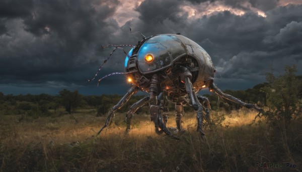 solo,weapon,outdoors,sky,cloud,tree,gun,no humans,glowing,cloudy sky,grass,robot,nature,scenery,mecha,glowing eyes,science fiction,realistic,antennae,non-humanoid robot,radio antenna,machinery,damaged