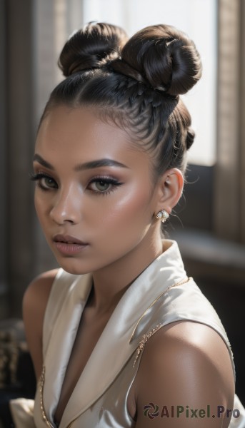 1girl,solo,breasts,looking at viewer,short hair,black hair,cleavage,bare shoulders,brown eyes,jewelry,green eyes,upper body,earrings,small breasts,parted lips,sleeveless,indoors,dark skin,necklace,hair bun,blurry,dark-skinned female,lips,eyelashes,double bun,makeup,blurry background,heterochromia,piercing,forehead,realistic,nose,dress,single hair bun