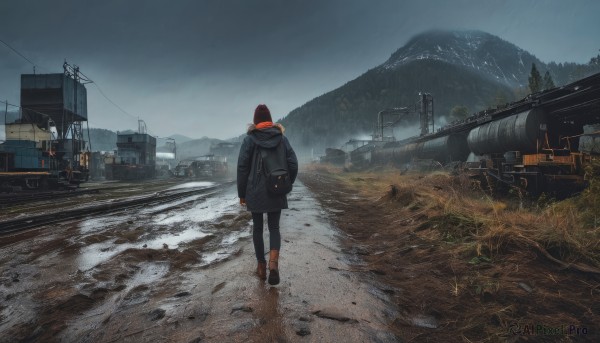 1girl,solo,short hair,long sleeves,hat,standing,jacket,outdoors,sky,shoes,pants,cloud,hood,water,bag,from behind,tree,coat,black pants,backpack,cloudy sky,ground vehicle,building,scenery,motor vehicle,snow,walking,mountain,road,wide shot,power lines,grey sky,railroad tracks,grass,beanie,winter clothes,car,leggings,house,winter,utility pole,winter coat,mountainous horizon