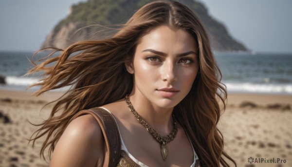 1girl,solo,long hair,looking at viewer,brown hair,brown eyes,jewelry,closed mouth,upper body,outdoors,sleeveless,day,necklace,blurry,lips,blurry background,ocean,beach,portrait,forehead,realistic,nose,sand,desert,breasts,cleavage,depth of field,wind