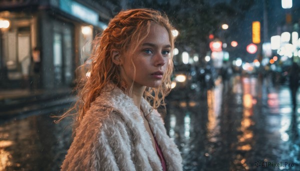 1girl, solo, long hair, looking at viewer, blue eyes, blonde hair, upper body, outdoors, blurry, lips, coat, night, depth of field, blurry background, rain, city, realistic