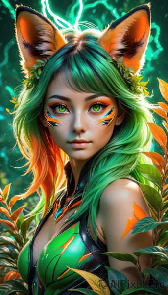 1girl,solo,long hair,breasts,looking at viewer,bangs,hair ornament,animal ears,cleavage,bare shoulders,medium breasts,closed mouth,green eyes,upper body,multicolored hair,green hair,sleeveless,artist name,signature,orange hair,two-tone hair,lips,animal ear fluff,fox ears,eyelashes,tattoo,gradient hair,makeup,glowing,leaf,watermark,facial mark,plant,web address,eyeshadow,freckles,nose,electricity,eyeliner,whisker markings,facepaint,mascara,flower,small breasts,hair flower,light particles