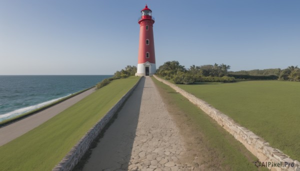 outdoors,sky,day,cloud,water,tree,blue sky,no humans,shadow,ocean,beach,grass,scenery,sand,horizon,clock,road,tower,landscape,shore,path,lighthouse,building,nature,bush