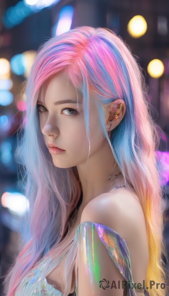 1girl,solo,long hair,breasts,looking at viewer,blonde hair,dress,bare shoulders,jewelry,medium breasts,closed mouth,blue hair,upper body,pink hair,multicolored hair,earrings,necklace,blurry,black eyes,from side,two-tone hair,lips,looking to the side,grey eyes,gradient hair,depth of field,blurry background,piercing,ear piercing,realistic,nose,earphones,bangs,blue eyes,artist name,eyelashes,watermark,wavy hair,expressionless,web address,bokeh