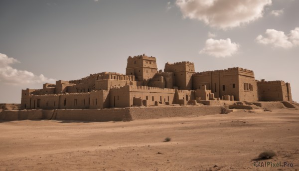 monochrome,outdoors,sky,day,cloud,blue sky,no humans,beach,cloudy sky,building,scenery,sand,ruins,sepia,brown theme,desert,rock,castle