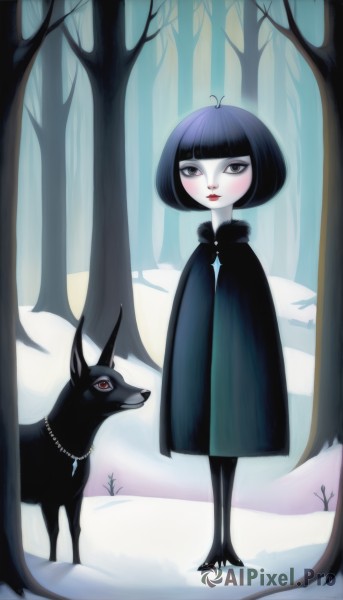 1girl,solo,looking at viewer,short hair,bangs,black hair,red eyes,jewelry,standing,full body,outdoors,blunt bangs,necklace,cape,black eyes,tree,lips,grey eyes,makeup,animal,bob cut,lipstick,pale skin,nature,cloak,snow,pendant,forest,dog,red lips,winter,bare tree,wolf,footprints,blush,dress,closed mouth,ahoge,eyelashes,antenna hair,high collar,pearl necklace,black theme