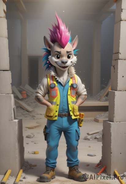 solo,looking at viewer,open mouth,1boy,animal ears,jewelry,blue hair,full body,weapon,pink hair,male focus,multicolored hair,earrings,boots,teeth,belt,black eyes,vest,two-tone hair,gun,sharp teeth,furry,sleeves rolled up,hands in pockets,holster,furry male,bullet,mohawk,smile,shirt,brown eyes,standing,white shirt,short sleeves,open clothes,shoes,day,pants,artist name,tattoo,watermark,brown footwear,happy,sunlight,spiked hair,web address,hands on hips,rock,blue pants,blue vest,body fur,ruins,white fur,animal nose,open vest,yellow gloves,snout,two-tone fur,debris,rubble,grey fur,blue fur