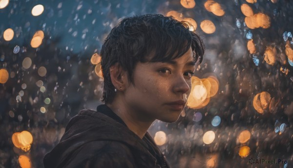 1girl, solo, looking at viewer, short hair, black hair, brown eyes, jewelry, closed mouth, upper body, earrings, hood, blurry, lips, hoodie, hood down, freckles, realistic, nose, stud earrings