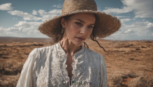 1girl,solo,long hair,looking at viewer,shirt,black hair,hat,brown eyes,jewelry,closed mouth,white shirt,upper body,earrings,outdoors,sky,day,cloud,blurry,blue sky,lips,blurry background,freckles,realistic,brown headwear,straw hat,desert,brown hair,thick eyebrows,cloudy sky