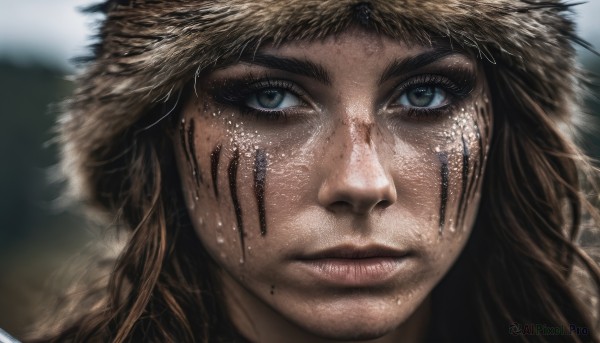 1girl,solo,long hair,looking at viewer,blue eyes,brown hair,hat,closed mouth,mole,blurry,lips,eyelashes,depth of field,blurry background,portrait,close-up,freckles,realistic,nose,straw hat,smile,1boy,green eyes,male focus,fur trim,facepaint