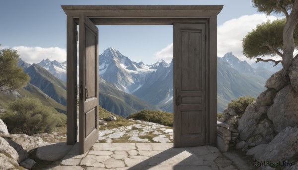 outdoors,sky,day,cloud,tree,blue sky,no humans,cloudy sky,grass,nature,scenery,forest,rock,mountain,road,torii,wall,pillar,landscape,mountainous horizon,path,door,bush